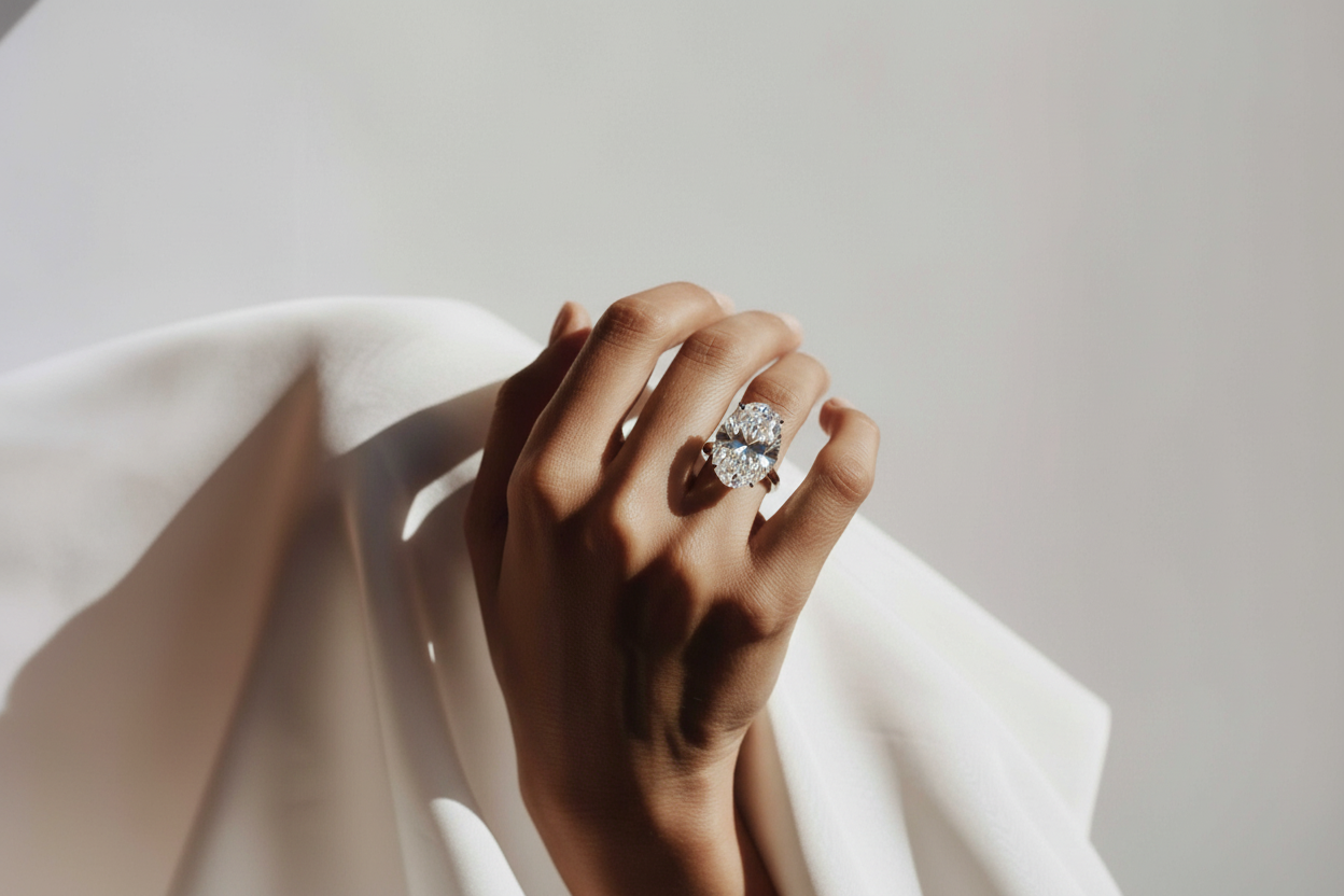 Lifestyle photo with oval diamond ring