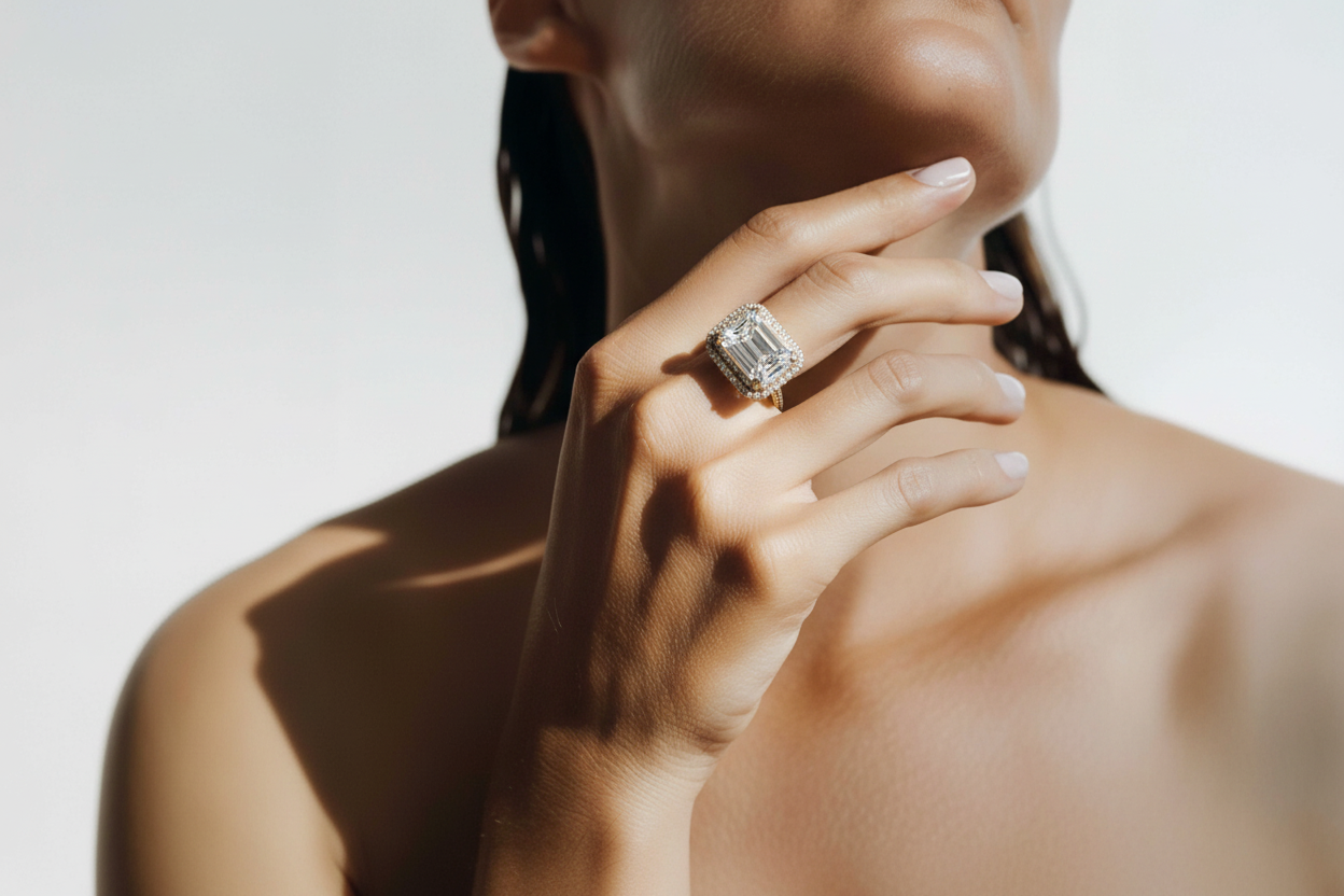 Lifestyle photo with radiant-cut diamond ring